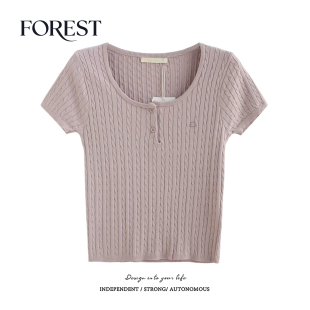 夏装 针织衫 新款 麻花标签U领短袖 上衣小个子 复古bm风短款 拾野森