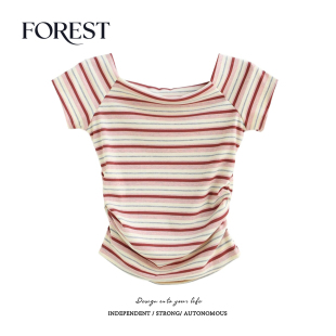 收褶弧形条纹方领短袖 拾野森 BM风短款 新款 T恤女上衣小个子 夏装