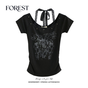 夏装 印花钉珠蕾丝挂脖短袖 新款 复古辣妹短款 T恤女上衣 美式 拾野森