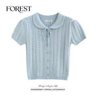 夏装 针织衫 新款 镂空系绳娃娃领泡泡袖 上衣 韩系复古短款 拾野森