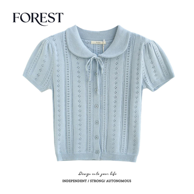 拾野森短款镂空娃娃领针织衫