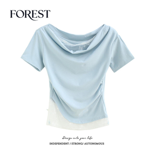 假两件蕾丝拼接荡领短袖 拾野森 纯欲甜辣短款 新款 T恤女上衣 夏装