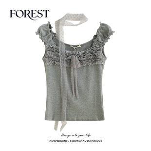 波点网纱蝴蝶结木耳边背心无袖 拾野森 纯欲甜辣短款 新款 上衣 夏装