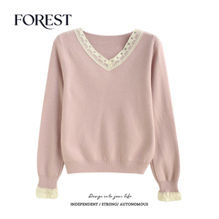 不退不换 2件5折 款 韩系蕾丝花边长袖 毛衣上衣 V领针织衫 清仓