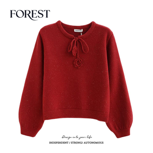 拾野森 冬装新款韩版短款加厚亮丝花朵系绳长袖圆领套头毛衣上衣