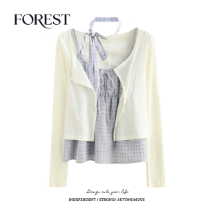 开衫 拾野森 纯欲甜辣格子围脖系绳吊带背心长袖 新款 两件套 春装