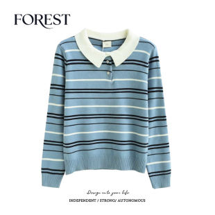 清仓 翻领针织衫 2件5折 学院风条纹长袖 套头毛衣上衣 不退不换