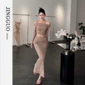 7521 套礼服连衣裙套装 JINGGUO轻奢 小众设计感一字肩高级感袖