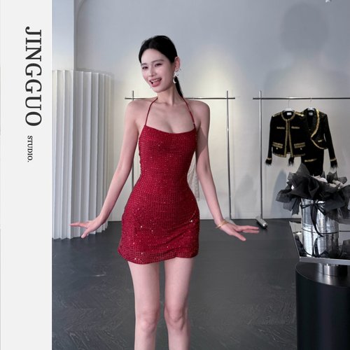 【JINGGUO轻奢】小众设计高级感重工烫钻挂脖性感辣妹连衣裙7554