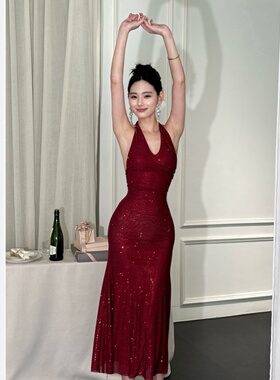 【JINGGUO轻奢】小众法式性感V领满钻挂脖修身派对女神礼服裙7602