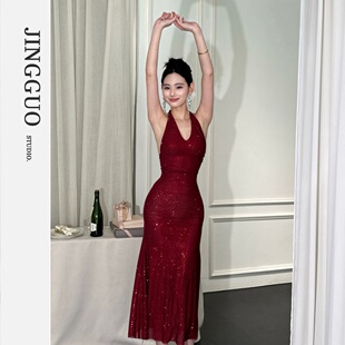 小众法式 性感V领满钻挂脖修身 派对女神礼服裙7602 JINGGUO轻奢