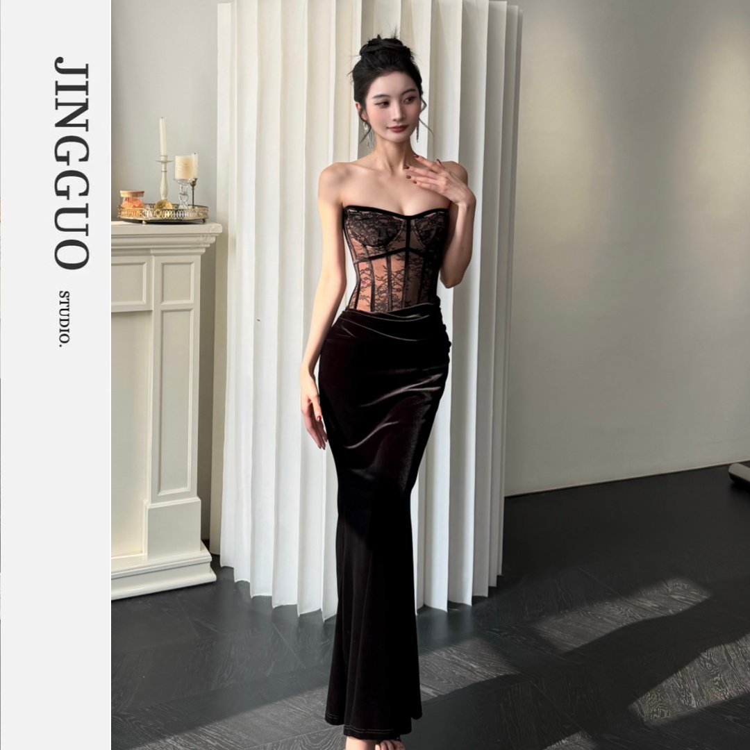 【JINGGUO轻奢】小众设计法式修身显瘦蕾丝拼接丝绒鱼尾长裙7622,女装/女士精品,礼服/晚装,淘宝优惠券,粉丝福利购,淘宝优惠卷