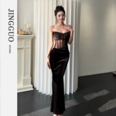 修身 小众设计法式 显瘦蕾丝拼接丝绒鱼尾长裙7622 JINGGUO轻奢