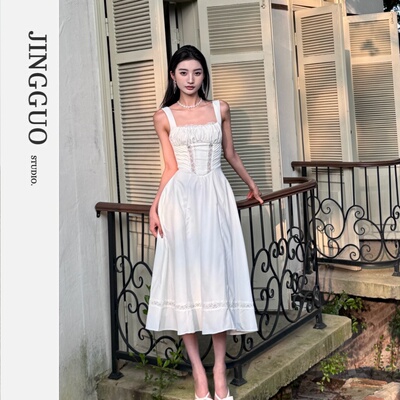 【JINGGUO轻奢】小众设计法式蕾丝花边吊带收腰连衣裙7348/7358