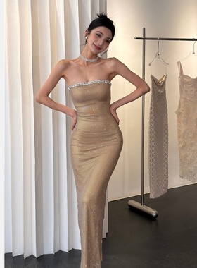 【JINGGUO轻奢】小众设计法式御姐抹胸烫钻高级感礼服连衣裙7596