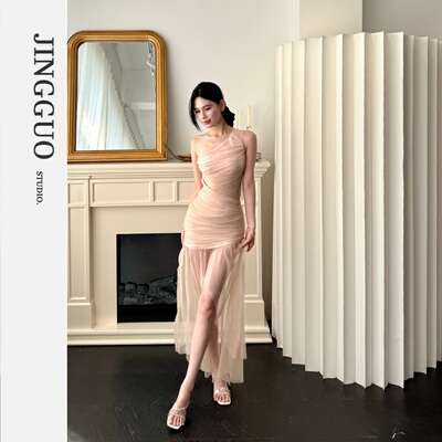 【JINGGUO轻奢】小众设计高级感时尚长裙露腰网纱褶皱连衣裙7484