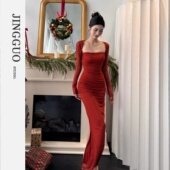 外衫 显瘦连衣裙含长袖 小众设计红色抹胸修身 7563 JINGGUO轻奢