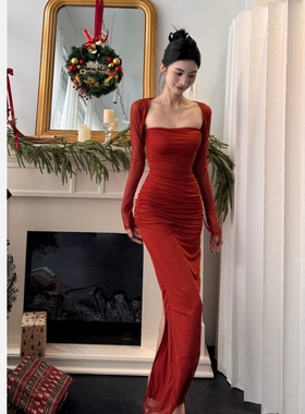 【JINGGUO轻奢】小众设计红色抹胸修身显瘦连衣裙含长袖外衫7563