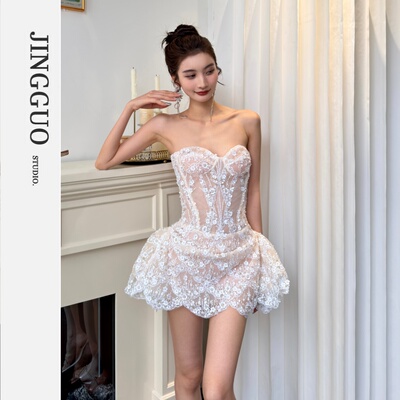 【JINGGUO轻奢】小众设计重工珠片抹胸A字礼服宴会精致连衣裙7714