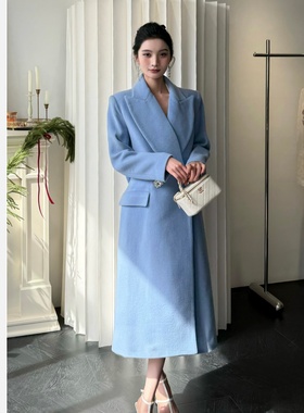 【JINGGUO轻奢】小众蓝色毛呢大衣中长款蝴蝶结翻领气质外套6947