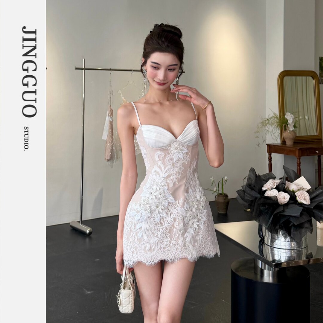 【JINGGUO轻奢】小众设计感重工亮片蕾丝吊带收腰显瘦连衣裙7808