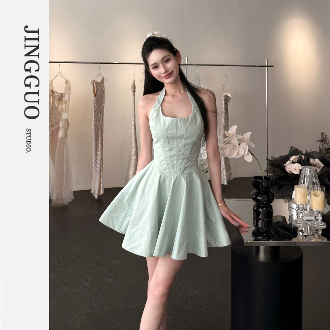 【JINGGUO轻奢】小众设计感挂脖纯欲性感连衣裙生日派对礼服7445