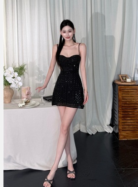 【JINGGUO轻奢】小众设计高级感重工烫钻气质抹胸吊带连衣裙7291