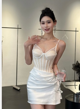 【JINGGUO轻奢】小众设计感法式性感蕾丝鱼骨束腰吊带连衣裙7553