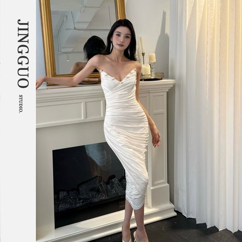 【JINGGUO轻奢】小众设计感褶皱v领抹胸连衣裙生日派对礼服裙7508