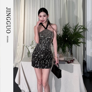 礼服裙7566 小众设计重工亮片串珠挂脖高级感修身 JINGGUO轻奢