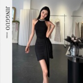 钻饰不规则修身 小众设计挂脖无袖 礼服连衣裙7556 JINGGUO轻奢