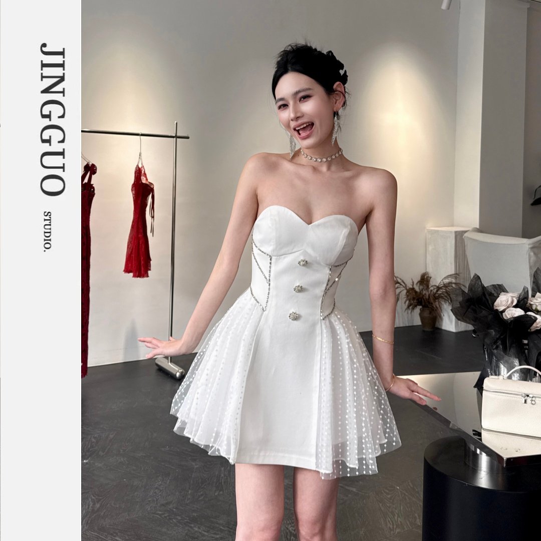 【JINGGUO轻奢】小众设计抹胸收腰A字网纱拼接公主蓬蓬连衣裙6456,女装/女士精品,礼服/晚装,淘宝优惠券,粉丝福利购,淘宝优惠卷