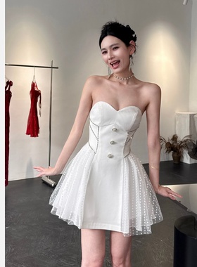 【JINGGUO轻奢】小众设计抹胸收腰A字网纱拼接公主蓬蓬连衣裙6456