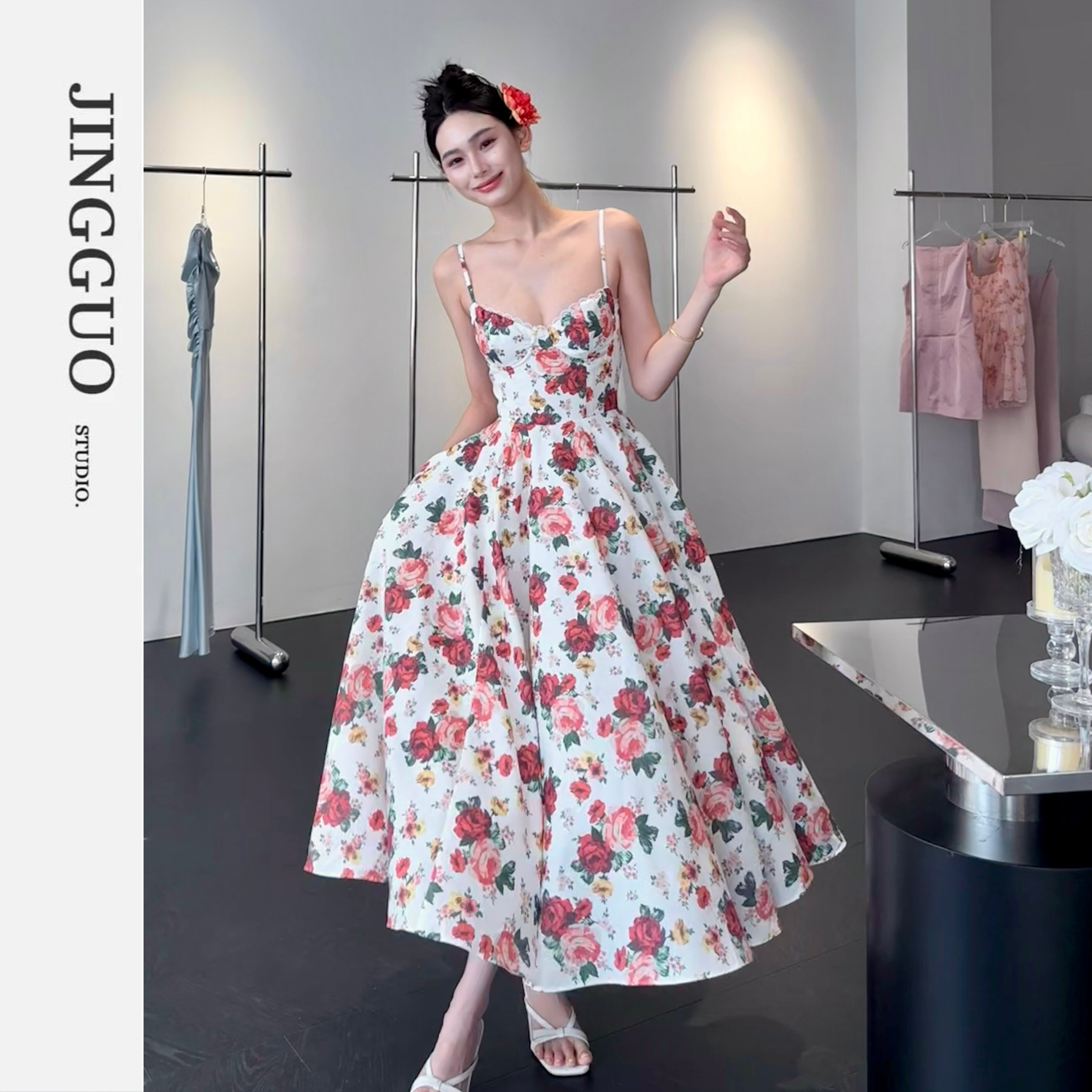 【JINGGUO轻奢】小众设计法式浪漫田园风玫瑰印花大摆连衣裙7367