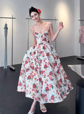 【JINGGUO轻奢】小众设计法式浪漫田园风玫瑰印花大摆连衣裙7367