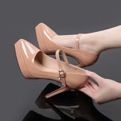 细跟漆皮超高跟12CM不累脚单鞋 高跟鞋 女防水台一字扣带2025春秋款