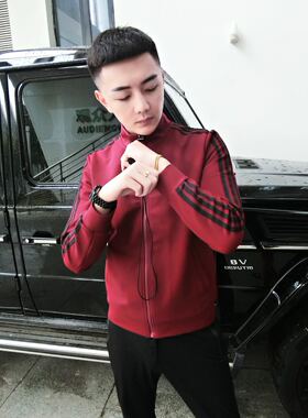 皇家男爵v欧洲站网红同款男士三道杠运动休闲酒红色外套精神小伙
