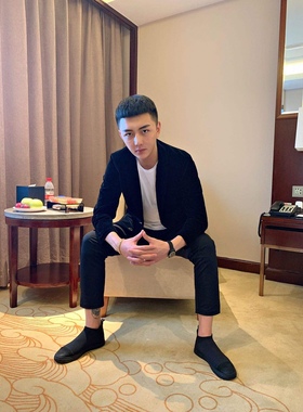 皇家男爵v金丝绒翻领金扣西服外套黑色春秋西装格子内衬精神小伙