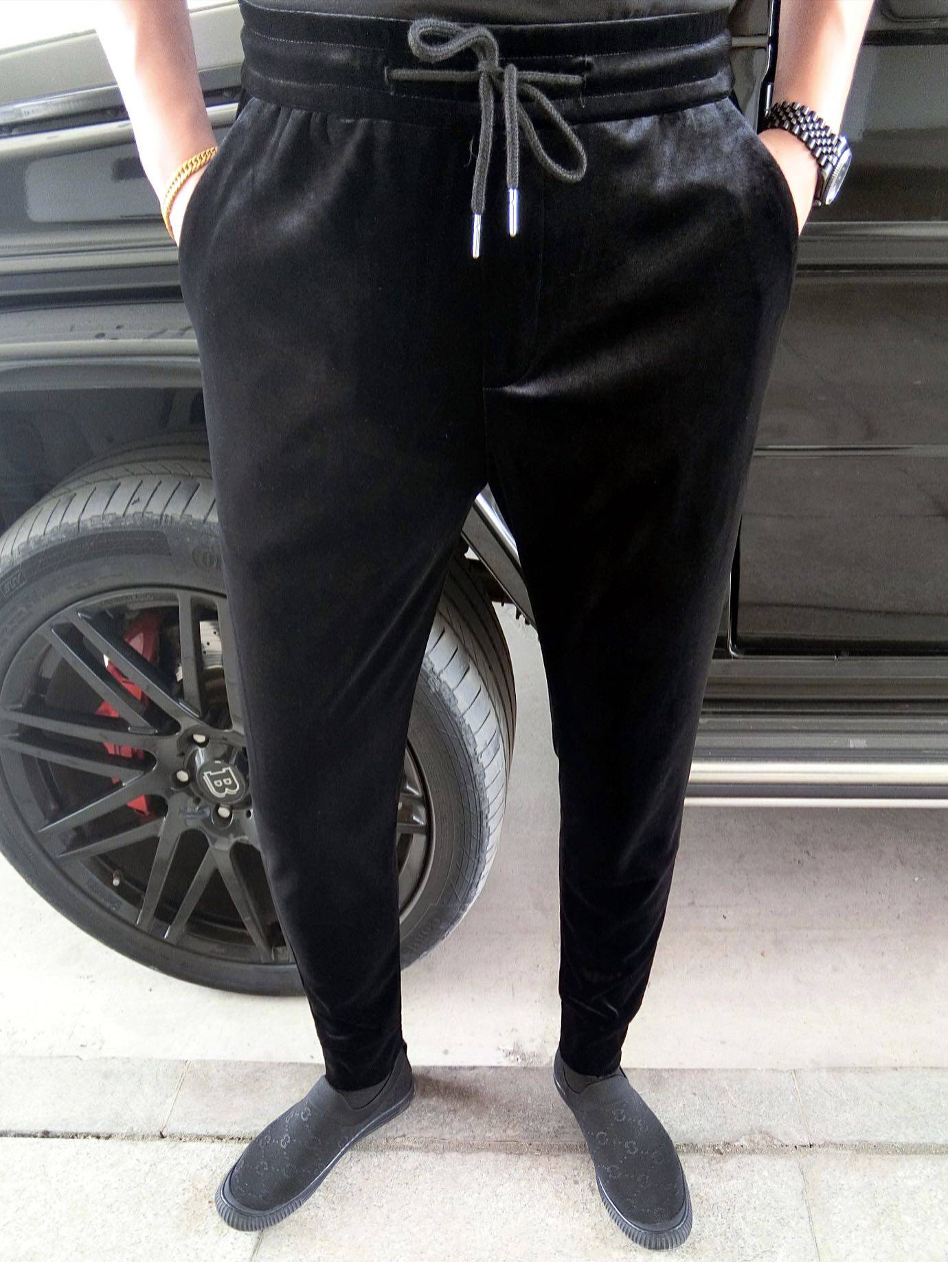 皇家男爵v2023欧洲站男秋冬系带金丝绒小脚裤脚金拉链束脚裤痞帅