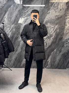 轻熟黑色男装男士时尚棉服百搭黑色情侣中长款棉衣拼接休闲外套潮