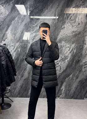 冬季男士商务休闲纯色中长款外套保暖西服领棉衣黑色长款棉服潮牌