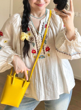 天丝亚麻民族风刺绣衬衫女夏季2026年新款设计感小众复古度假上衣