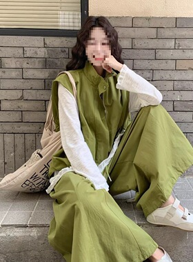 牛油果绿套装女春季2026新款松弛氛围感叠穿衬衫马甲阔腿裤三件套