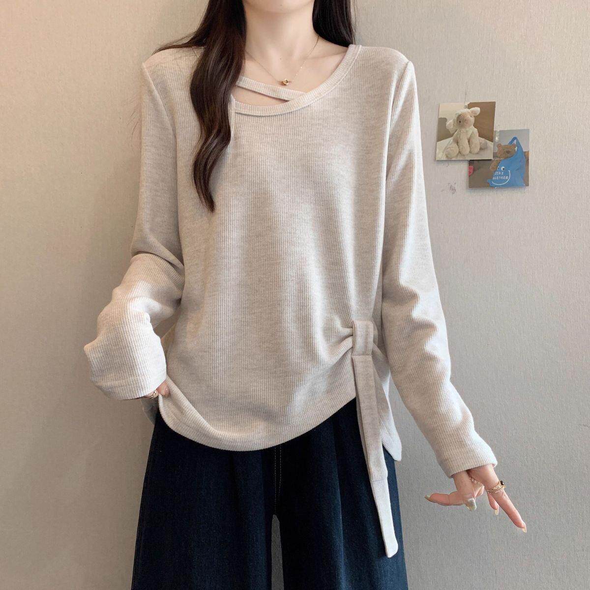 超火长袖针织打底衫t恤女2026春季大码微胖mm设计感短款挂脖上衣