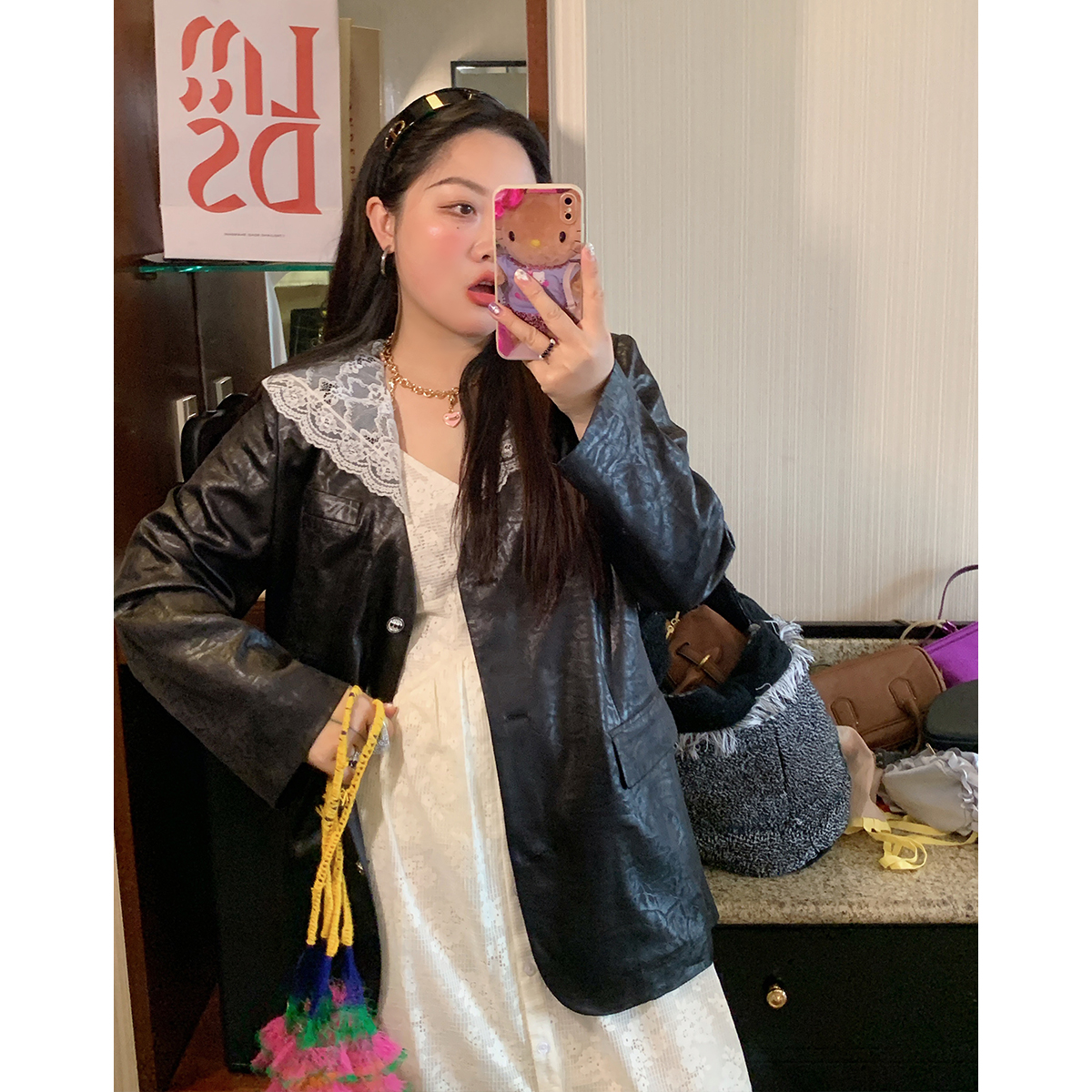 金大支蕾丝帽子西装外套女2025新款开春装设计感小众黑色休闲西服