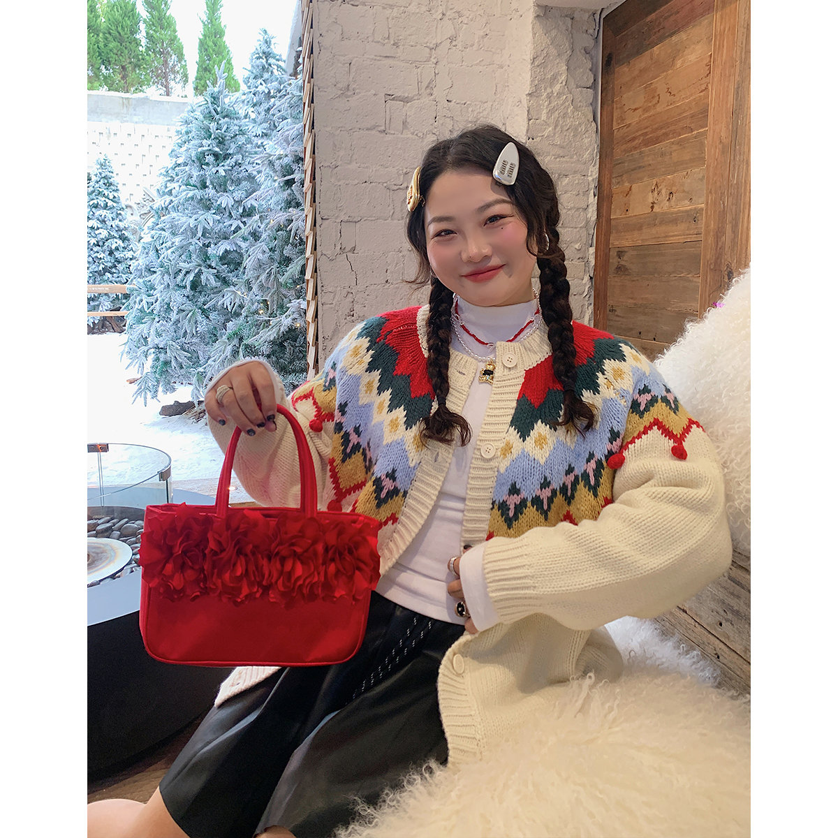 Dazi金大支撞色球球毛衣女开衫2025秋冬季新款胖mm大码针织衫外套