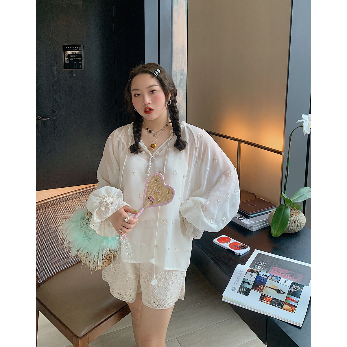 Dazi金大支绣花减龄遮肉三件套装女装夏季大码胖mm网红搭配一整套