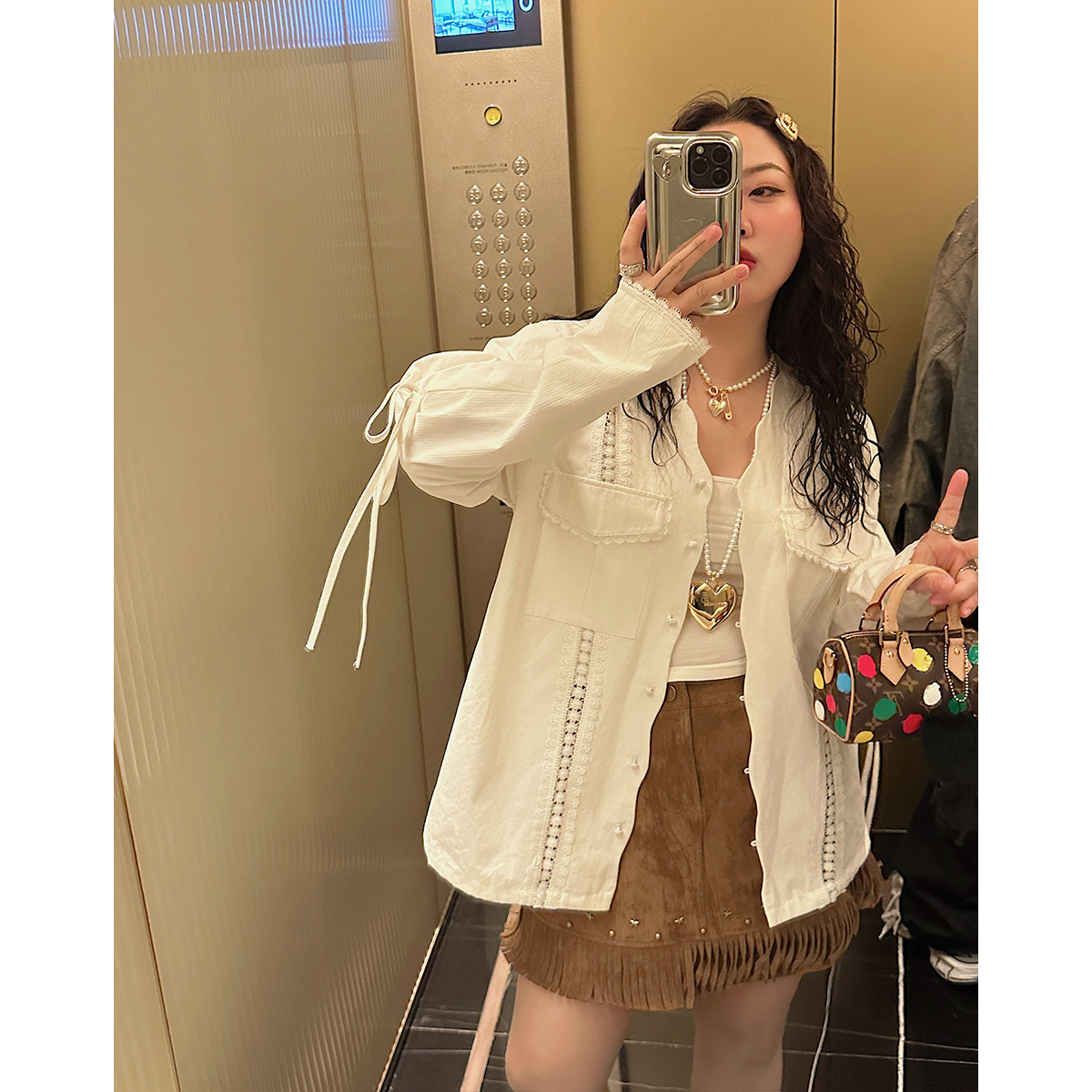 金大支蕾丝衬衫外套女春秋季2025新款设计感小众大码胖mm白色衬衣