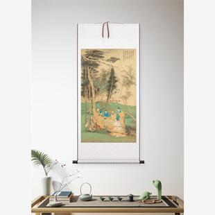 张大千松下高仕文会图纸本立轴挂画客厅办公室装饰画高清微喷复制