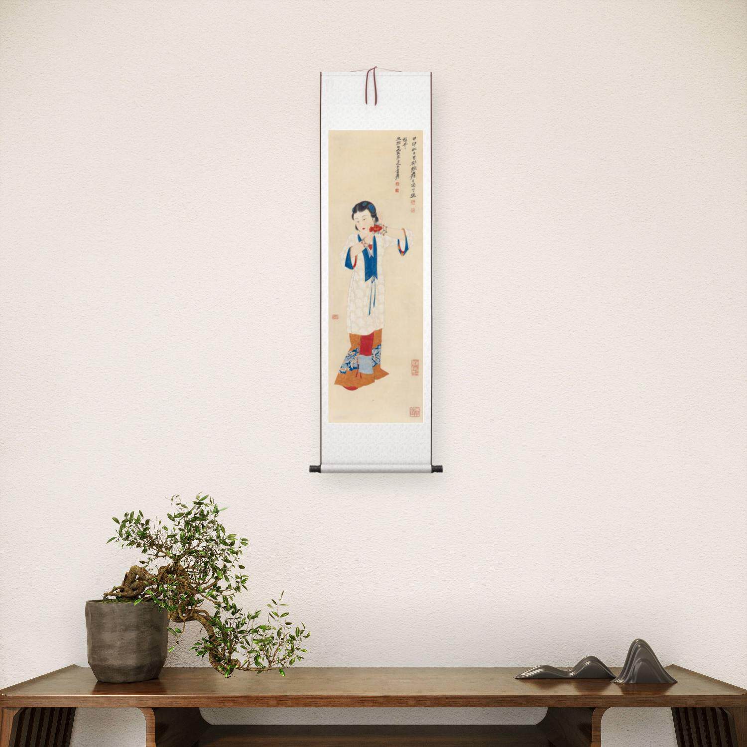 近现代张大千簪花仕女图立轴人物国画装饰画高清喷绘复制临摹范本